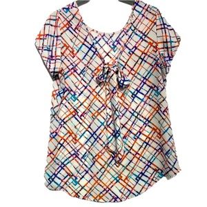 NY Collection Geo Plaid Bow Tie Scoop Back Blouse